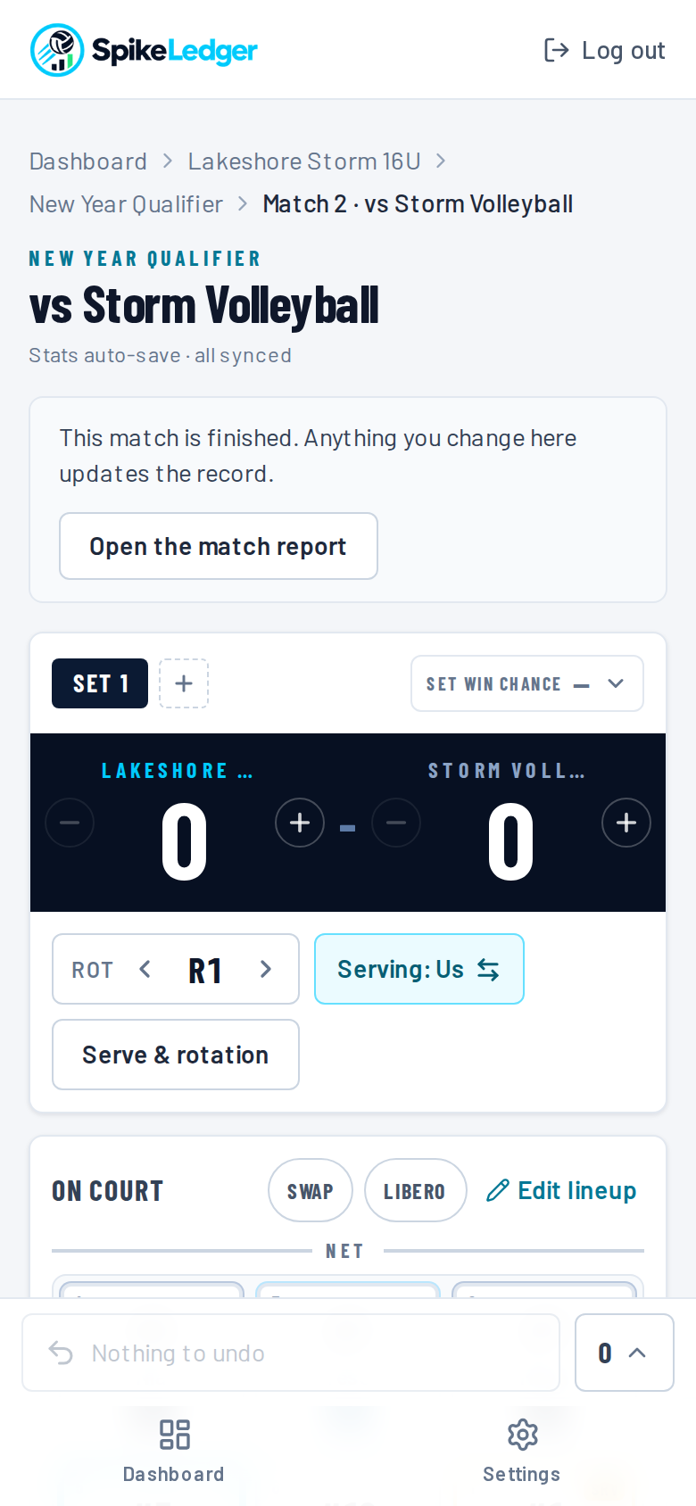 Courtside stat entry on a phone: score, rotation, on-court players and the action pad